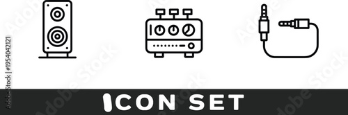Black and white audio equipment icons featuring speaker on stand, sound mixer with knobs, and 3.5mm headphone jack cable for music production and audio engineering illustrations