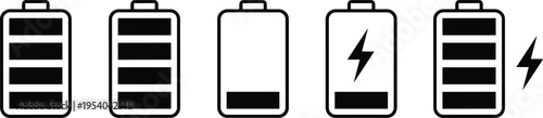 Battery icons set showing different charge levels and charging status, full and low energy indicators, electricity power symbols for mobile devices and technology concepts