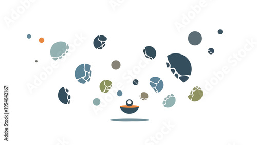 A person in a boat surrounded by variously colored and sized globes on a white background with a stop war theme