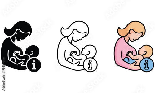 Vector illustrations of mothers breastfeeding their babies in different styles and colors for educational purposes and awareness campaigns