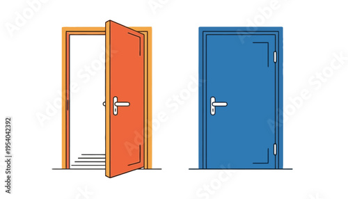 Door illustration with one open and one closed colorful door