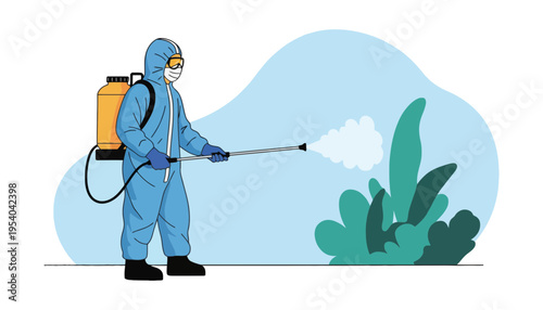 A person in protective gear spraying pesticide on plants outdoors