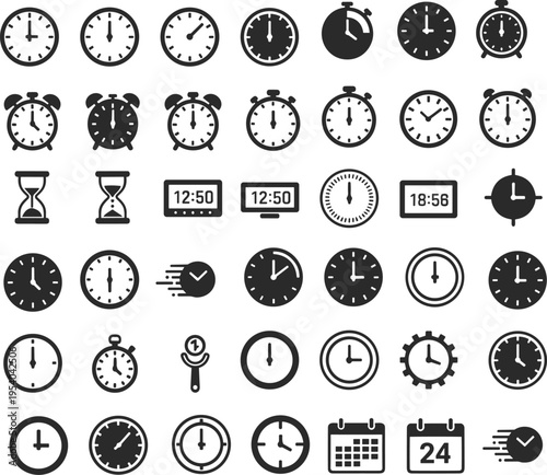 Professional collection of black time and date icons featuring analog clocks alarm clocks digital watches hourglasses stopwatches and calendars for scheduling and productivity design.