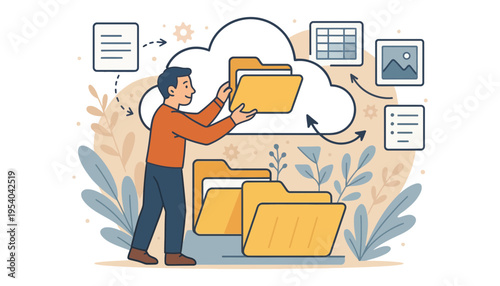 Cloud folder icon with a man organizing digital files online