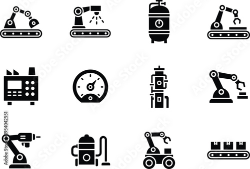 Black and white industrial automation icons set featuring robotic arms, conveyor belts, control panels, gauges, humanoid robots, and manufacturing 