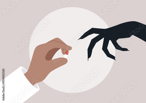 A hand reaches out with a small pill, while a shadowy hand looms nearby, representing the struggle between recovery and mental illness, capturing the essence of treatment and hope.