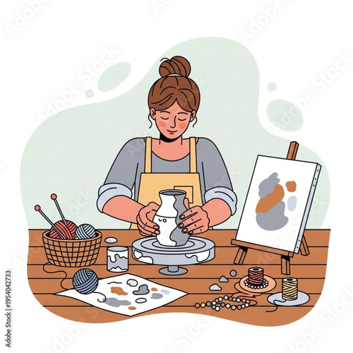 Woman Creating Ceramic Pottery on Wooden Worktable.