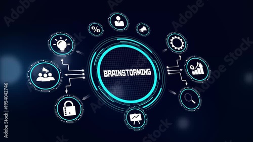 Brainstorming idea generation HUD animation showing creative thinking icons for startup teamwork and innovation videos
