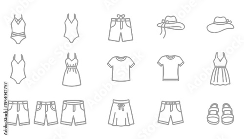 A collection of summer clothing and accessories vector line icons
