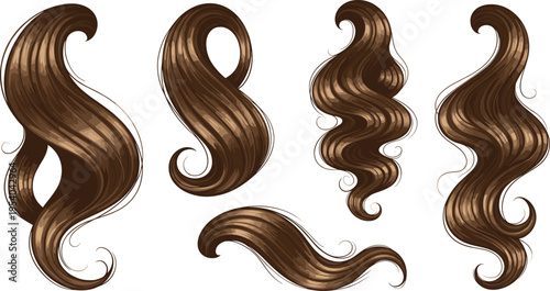 Realistic brown curly hair strands set with glossy flowing locks detailed texture vector illustration for beauty and salon design