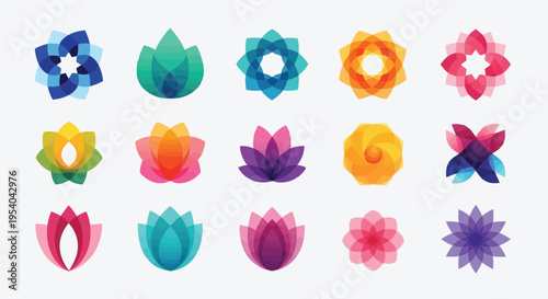 A vibrant collection of geometric flower icons in various bright colors and shapes