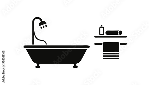 A black silhouette of a bathtub with shower and bathroom accessories