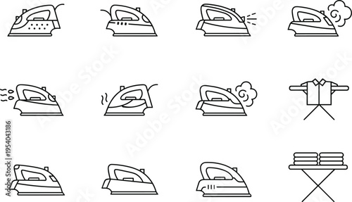 Collection of black and white ironing icons showing electric iron, steam, garment care, ironing board, folded clothes, heat waves, household appliance symbols for laundry