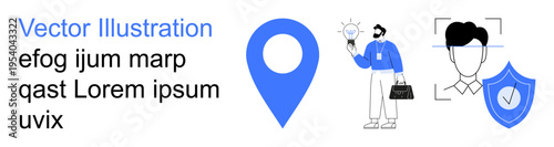 Navigation tools, identity safety, technology, business innovation, data security, and creative concepts. Blue location pin, shield with check, face recognition and a man holding a light bulb