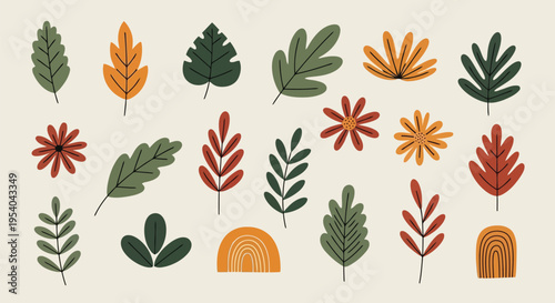 A vibrant collection of various tropical leaves and flowers in an assortment of shapes and colors