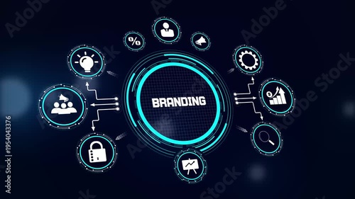 Professional branding strategy HUD animation showing brand development icons for creative agency marketing and business identity videos