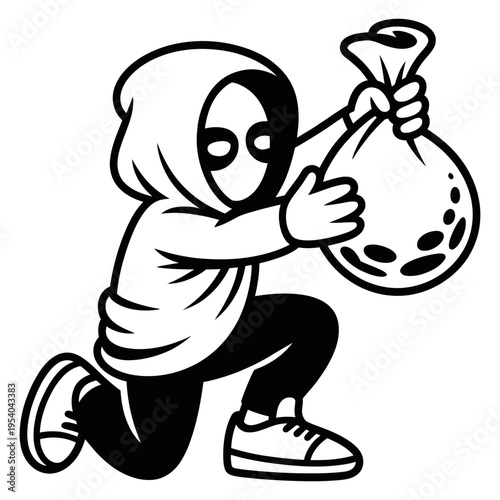 A sneaky cartoon robber wearing a hoodie and mask kneels while holding a full money bag.