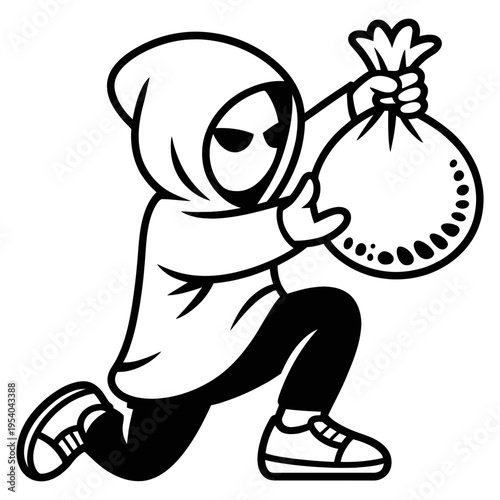 A minimalistic hooded figure in a mask holds a bag, squatting in a classic robbery pose.