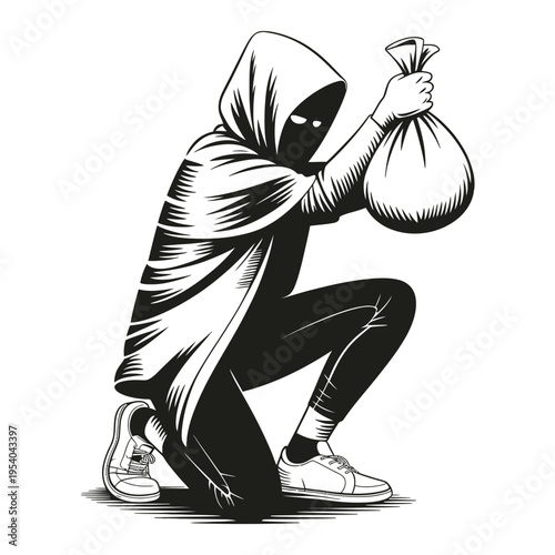 A detailed monochrome illustration of a masked thief in a hoodie, kneeling with a stolen bag.