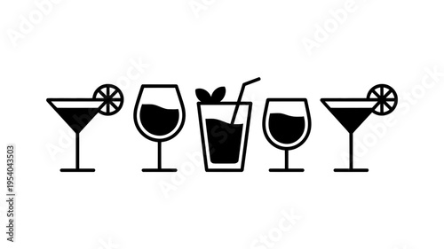 A clean line art illustration displays a variety of outline drink icons, including cocktails and wine glasses.