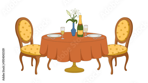 A beautifully set romantic dinner table with two chairs, champagne, and a flower vase awaits a special occasion.