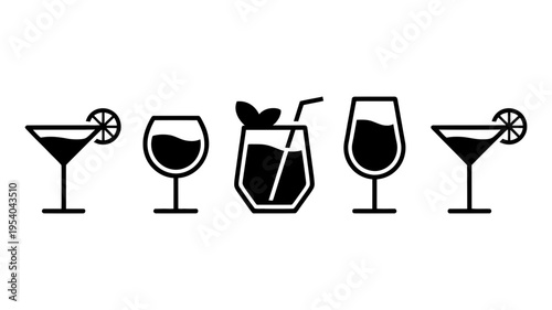 A set of solid black silhouette icons depicts various alcoholic and refreshing beverage glasses for menus.