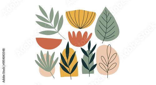 A vibrant illustration of various tropical leaves and plants in different shapes and colors