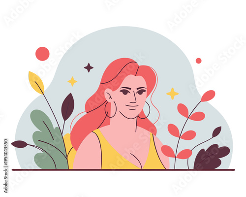 Portrait of a confident woman with flowing red hair.