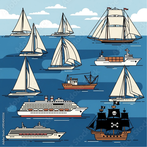 Collection of Various Cartoon Sailing Vessels.