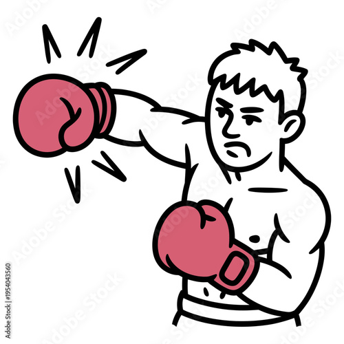 A dynamic cartoon illustration of a determined boxer throwing a powerful punch with red gloves.
