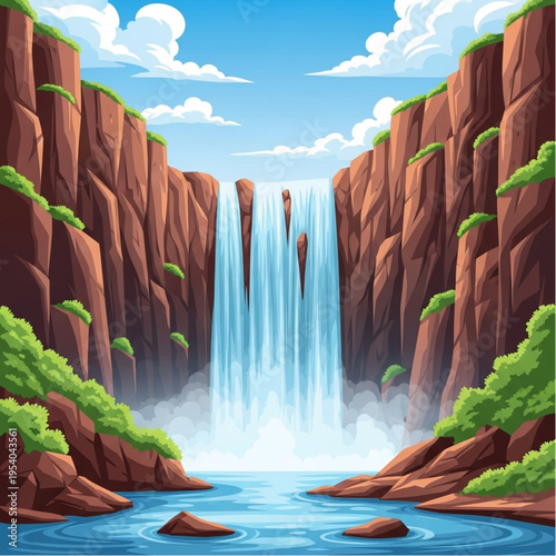 Waterfall Cascading Down Rocky Cliffside Landscape.