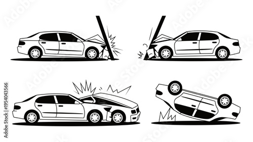 A collection of four black and white vector illustrations depicting various car accident scenarios.