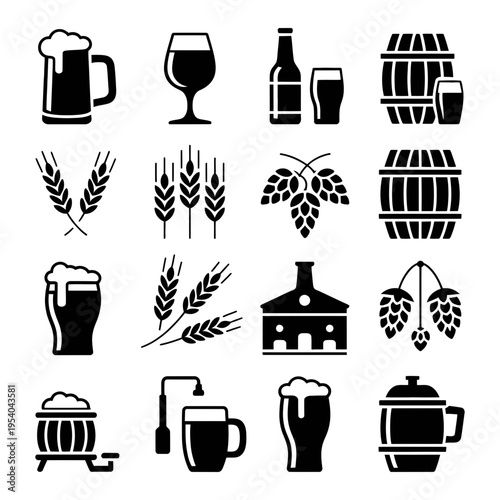 A complete set of sixteen solid black vector icons representing various beer-related elements and glassware.