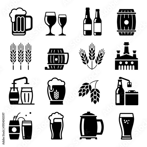 A detailed collection of sixteen solid black vector icons illustrating diverse beer-related items and brewing processes.