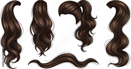 Realistic brown hair strand collection with curly wavy and ponytail styles glossy texture vector illustration for beauty and fashion design