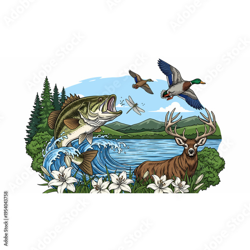 Outdoor wildlife scene with jumping bass deer and mallard ducks in a scenic mountain lake landscape