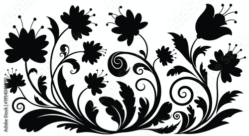 Intricate black and white floral design with leaves and branches