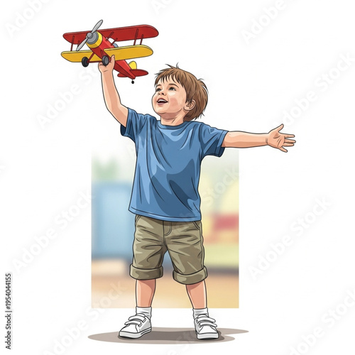 Young Boy Playing with Toy Airplane.