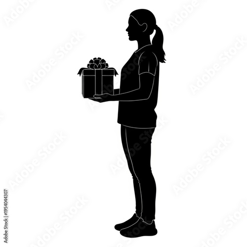 Woman Holding Gift Box Standing Silhouette.