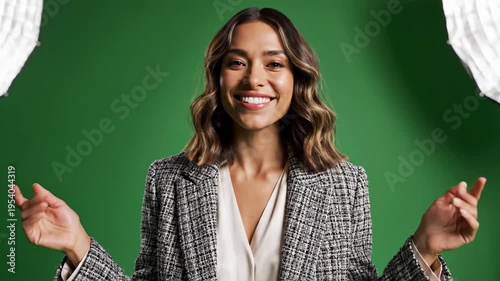 Smiling woman with open arms on green screen background in studio