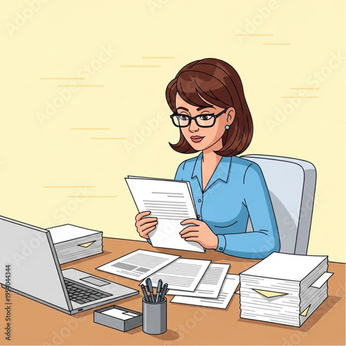 Woman Examining Documents at Office Desk.