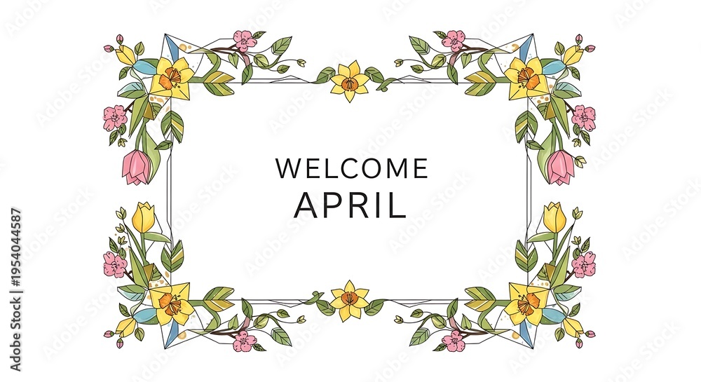Fototapeta premium Floral welcome april wreath with spring flowers and greenery border