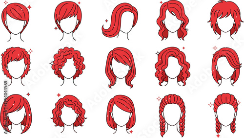 Red hair women hairstyle icon set with short curly braided and wavy styles modern beauty avatar collection flat vector illustration