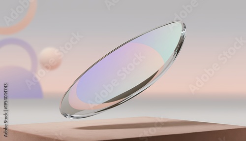 Futuristic Floating Oval Mirror With Slim Chrome Frame Hovering Above Beige Platform With Soft Pastel Abstract Geometric Shapes and Gradient Background