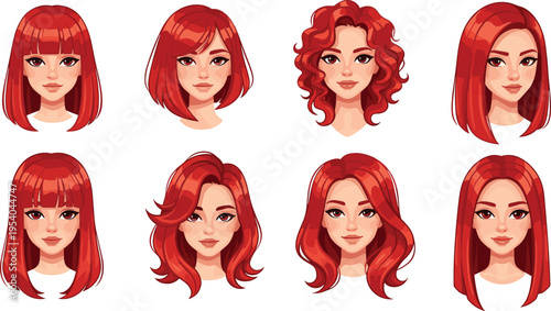 Red hair women portrait collection with different hairstyles including bob curly and long styles modern beauty avatar vector illustration set
