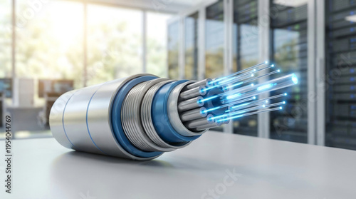Close-up View of a Fiber Optic Cable Showcasing Core Fibers and Light Pulses, Representing High-speed Data Transmission Perfect for a Design Background Concept