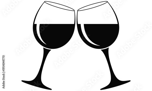 Vector graphic illustration of two wine glasses clinking together in celebration with red wine inside