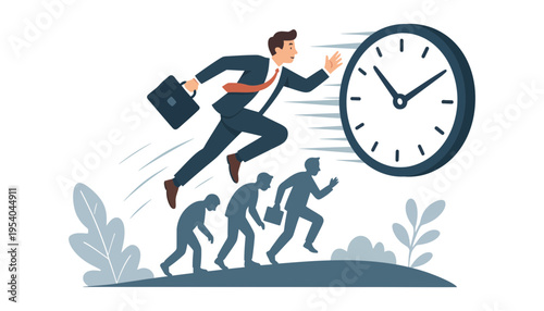 Businessman in suit running ahead of others to beat the clock