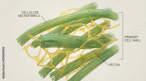 Detailed Illustration of Cellulose Microfibrils and Pectin in Plant Cell Walls, Showcasing Structural Components in Vibrant Colors Illustrating a Creative Art and Design Concept