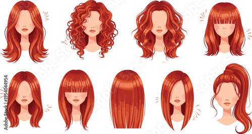 Red hair women hairstyle set with curly straight wavy and bangs styles modern beauty fashion avatar collection vector illustration
